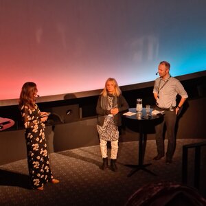 Yasemin Arhan Modéer (konfrencier), Agneta Gulz och Mattias Wallergård (forskare i interaktionsdesign vid LTH). Foto.